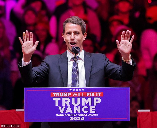 Tony Hinchcliffe is pictured at Trump's rally on Sunday, where he told the joke.