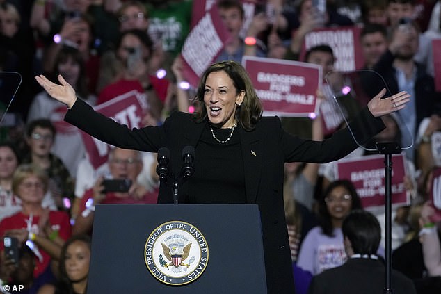 Vice President Harris arrives to speak at her third campaign event of the day in Madison.