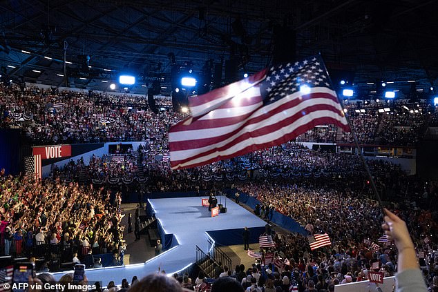 The vice president was welcomed to a packed stadium in Madison, Wisconsin, where his supporters waved American flags and red signs of 