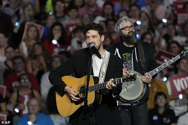 The band Mumford & Sons also performed at Harris' star-studded rally in Wisconsin.