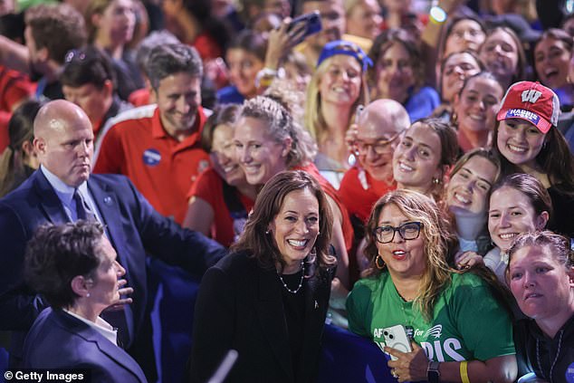 The vice president stayed after her remarks in Wisconsin to shake hands and take selfies until much of the stadium had cleared by the end of the night.