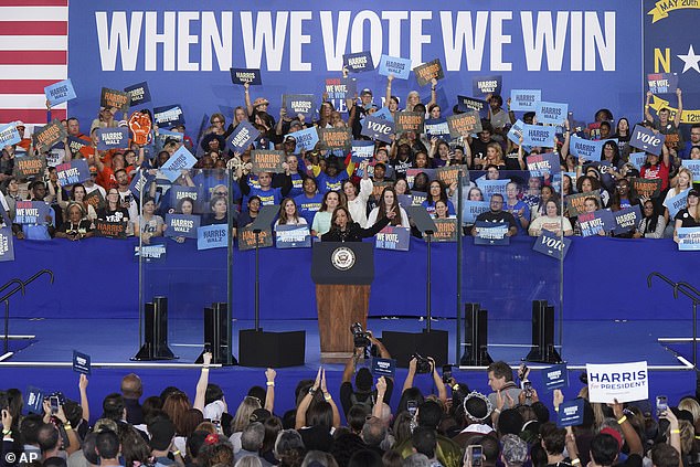 The vice president speaking at her first rally of the day in Raleigh, North Carolina, on October 30.