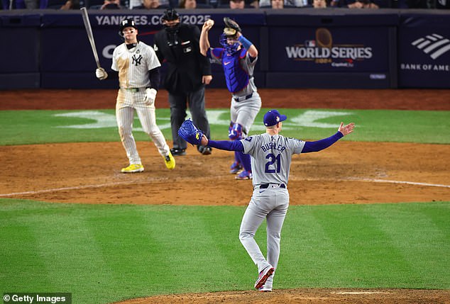 Pitcher Walker Buehler celebrates after securing the victory at Yankee Stadium on Wednesday.