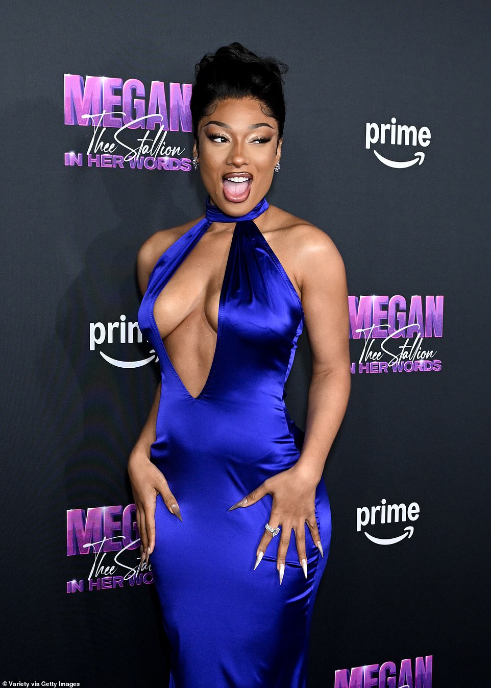 Fresh from filing a lawsuit against a blogger for cyberbullying, the Savage hitmaker, 29, arrived at Hollywood's iconic TCL Chinese Theater looking incredible in a low-cut purplish blue dress.