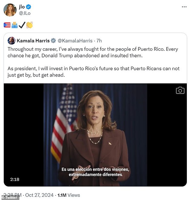 López shared the same video and several slides showing Harris' policy in Puerto Rico to her 250 million followers.