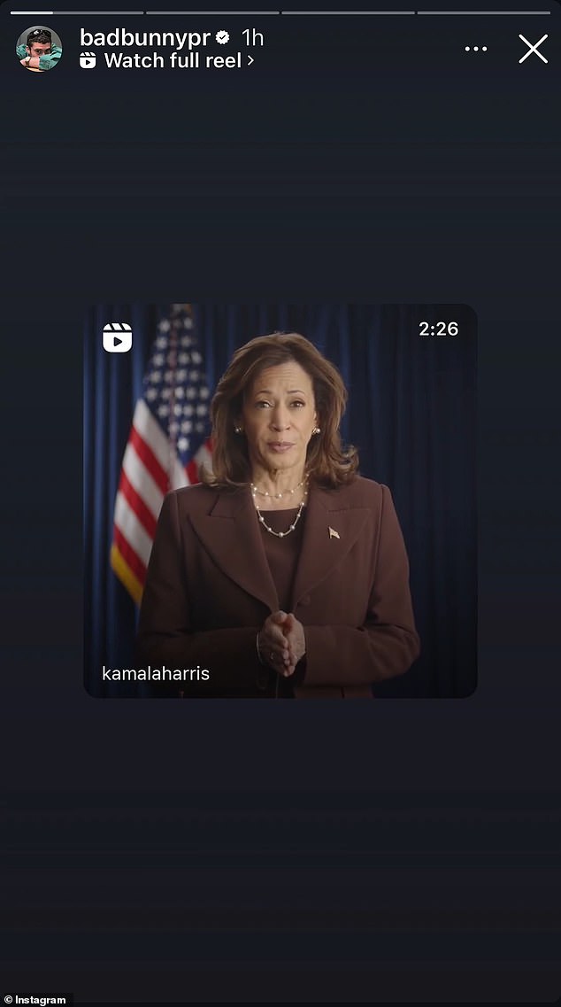 Bad Bunny also shared a clip of Harris, with her representative confirming that he will support her in the 2024 election.