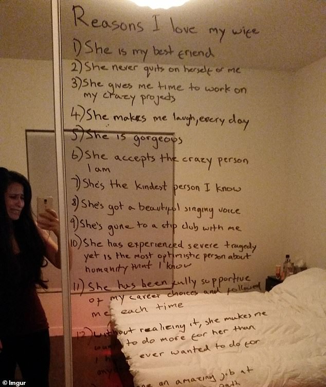 Molly shared a sweet message her husband left her on her mirror on social media site Imgur in 2015, titled: 'Reasons Why I Love My Wife.'