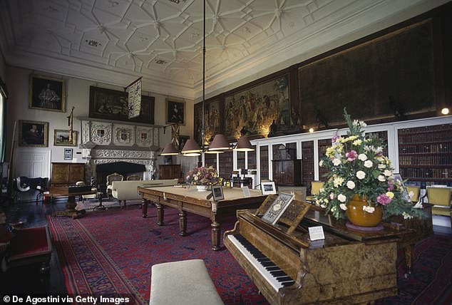 Billiard room with a piano in the foreground, Glamis Castle, Angus, Scotland