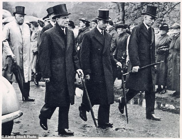 King George VI following the coffin of his mother-in-law, the Countess of Strathmore, along with the Countess's sons, Lord Glamis and David Bowes-Lyon, as her funeral procession left Glamis Castle on 27 June 1938.