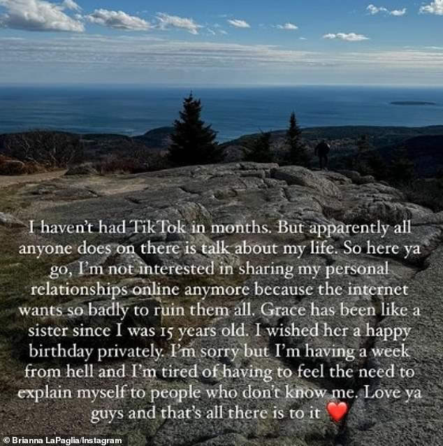 LaPaglia spoke via Instastory on Wednesday: 'Grace has been like a sister since she was 15. I wished him a happy birthday privately. I'm sorry but I'm having a shitty week and I'm tired of having to feel the need to explain things to people who don't know me.'