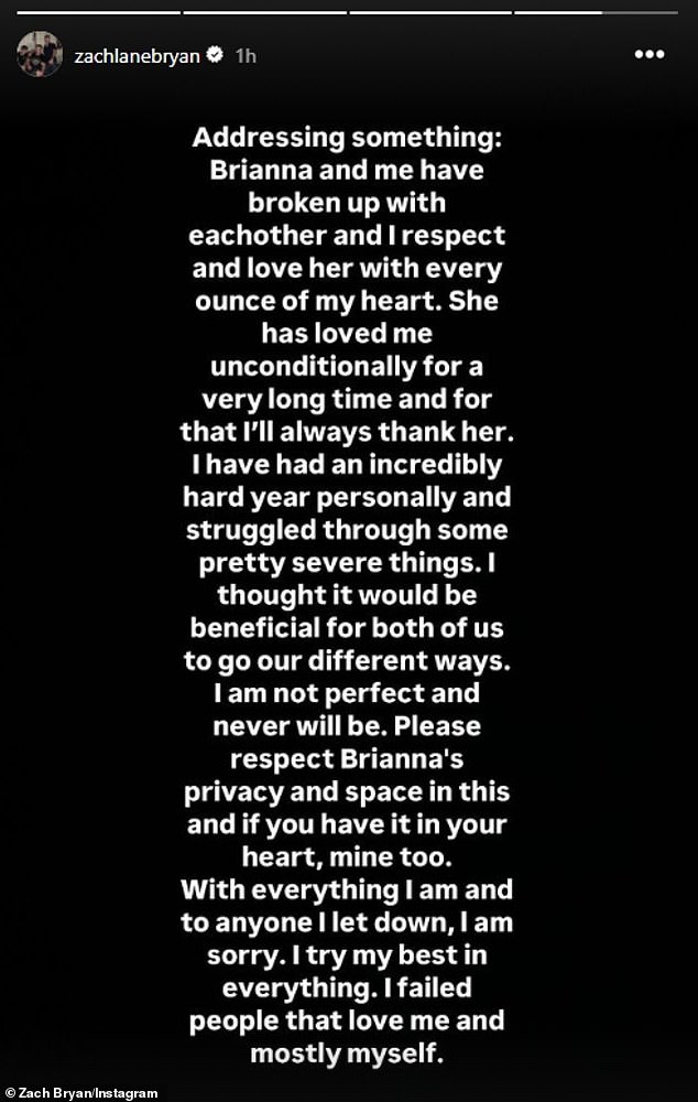 Zach wrote via Instastory: “I've had an incredibly difficult year personally and have struggled with some pretty serious things. I thought it would be beneficial for both of us to take different paths.