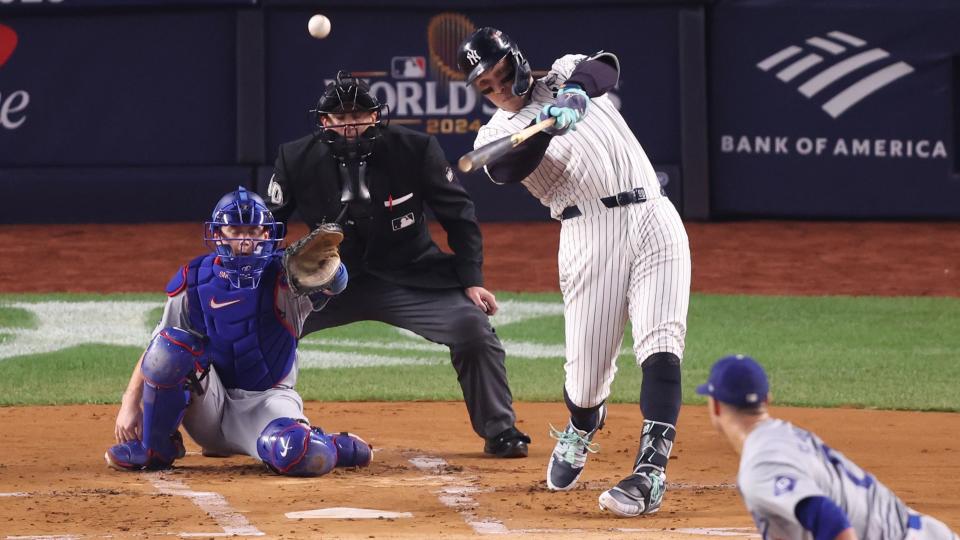 New York Yankees outfielder Aaron Judge hits Los Angeles Dodgers pitcher Jack Flaherty for a home run