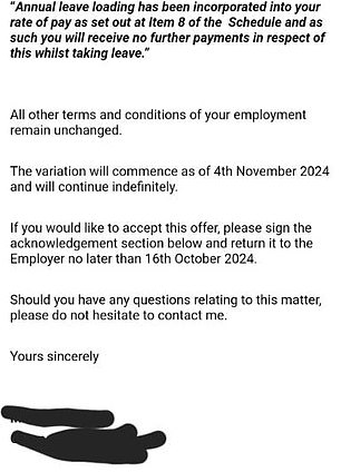 The email (pictured) also stated that all other terms and conditions of the worker's employment remained unchanged.