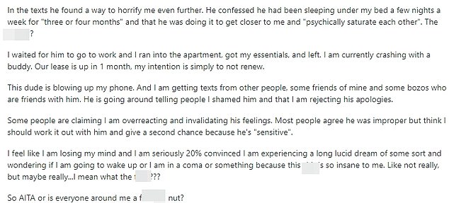 The anonymous man, 24, took to Reddit to detail the terrifying moment he found his roommate, whom he referred to as Karl, sleeping in his room in the middle of the night.