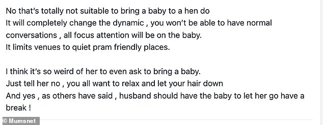 Many thought it was 'weird' that their friend asked to take a baby to the hen and include 'a baby-friendly activity'