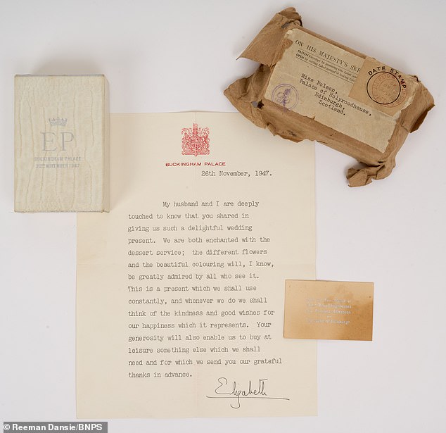 The portion was sent by Princess Elizabeth with a letter of thanks to Marion Polson, housekeeper at the Palace of Holyroodhouse in Edinburgh from 1931 to 1969.