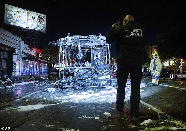 A bus was set on fire by rowdy Dodgers fans; No one is believed to have been injured.