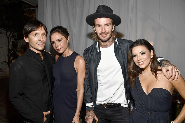 Longoria (right) photographed with David and his wife Victoria, who recently claimed that they have rarely stopped eating grilled fish and steamed vegetables during their marriage.