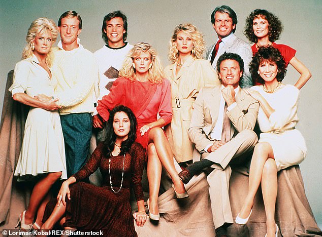 Pictured is the cast of Knots landing: Joan, Ted Shackelford, Donna Mills, Nicolette Sheridan, Kevin Dobson, William Devane and Michele Lee.