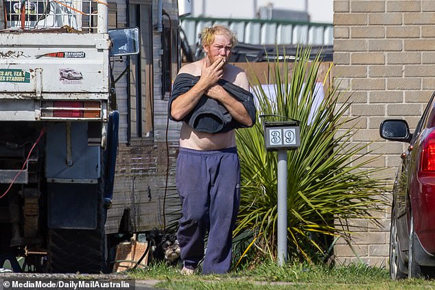 Jamie McCulloch is pictured outside the caravan he shares with Jacinta King, his sister-in-law and new girlfriend.