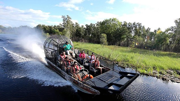 The boat crashed near Sweets Lagoon in the Bynoe region of the Northern Territory on May 10, 2023. File image of an airboat tour of Top End Safari Camp