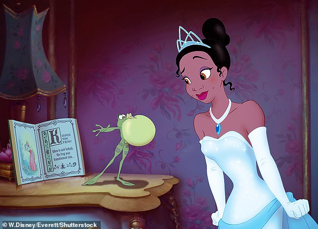 North, 11, whose father is Kanye West, donned a pale green dress and matching tiara to transform into the character from the 2009 film The Princess and the Frog (pictured).