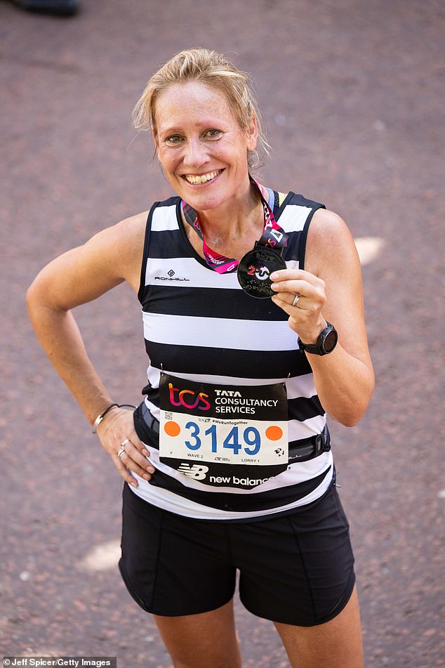 News presenter Sophie Raworth (pictured: 2022) had to withdraw from this year's London Marathon, six miles from the finish line, due to a stress fracture in her ankle.