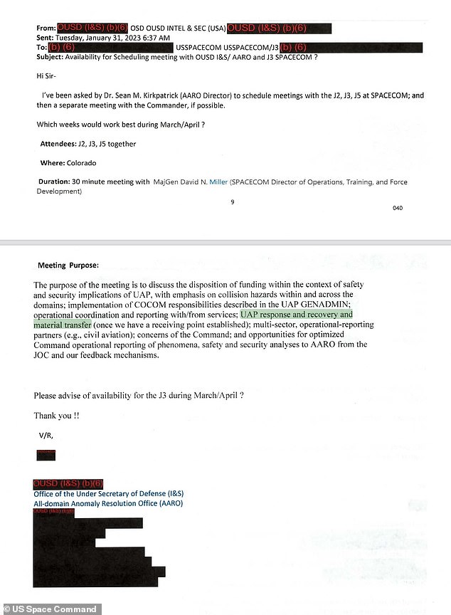 Dr. Kirkpatrick's latest disclosure adds context to an intriguing 78-page publication of plans drawn up between AARO and US Space Command (above), where the physicist had previously served as deputy director of intelligence from 2019 to 2021.