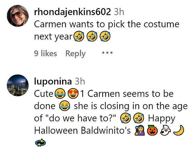 Another said: Linda (laughing while crying and heart eyes emojis), she is approaching the age of "do we have to do it?" (two laughing emojis rolling on the floor) Happy Halloween Baldwinitos (wizard, Jack o Lantern, ghost, crescent and hapless emojis)'