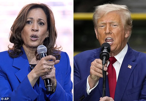 In this combination of photos taken in Pennsylvania, Democratic vice presidential candidate Kamala Harris speaks at a campaign event, Aug. 18, 2024, in Rochester, left, and Republican presidential candidate former President Donald Trump, speaks during a campaign event, August 19. 2024, in York. (AP Photo)