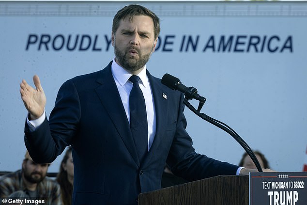 Vance also declined to answer Selvig's question about whether he would concede if Kamala Harris won the 2024 election. Pictured: Vance speaks at a rally on the grounds of Berlin Raceway on October 2, in Marne, Michigan.