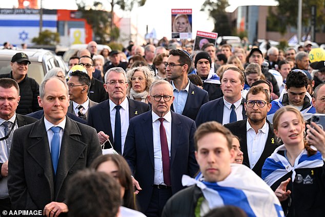 Anthony Albanese is pictured, centre, at an October 7 event in Melbourne on Monday.