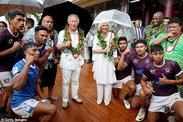 Climate-conscious King Charles and Queen Camilla have also met with Pacific leaders in Samoa this week (pictured with members of the Apia Rugby Club).