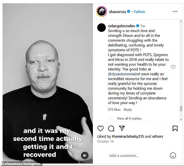 Beyoncé's sister, 38, commented on musician Shaun Ross', 33, Instagram post in which he spoke candidly about having POTS as a result of long COVID.