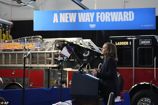 Vice President Kamala Harris speaks during an event at the Redford Township Fire Department North Station on Friday.