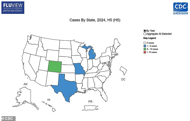 The above shows the states where human cases of avian influenza, H5N1, have been detected, not yet including the most recent presumptive positive case in California.