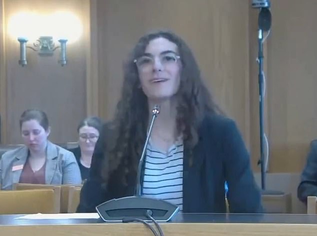 Jacques, 16, (pictured addressing a New Hampshire state hearing in April 2024) was kicked off the team earlier this year after the Kearsarge school board voted to bring the district into compliance with a new law state banning transgender students from competing in girls' competitions. sports. But in August the school board ruled she could rejoin the team after she made a direct appeal, citing a lawsuit that claimed New Hampshire's sports ban violates federal Title IX measures.