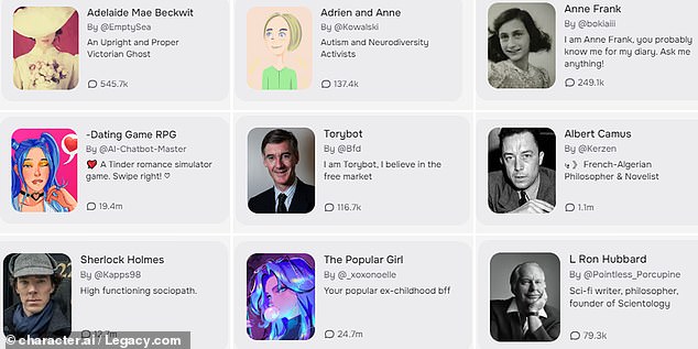 The 100 million bots created by the chatbot site's users are in some cases based on real-life personalities and historical and fictional figures.