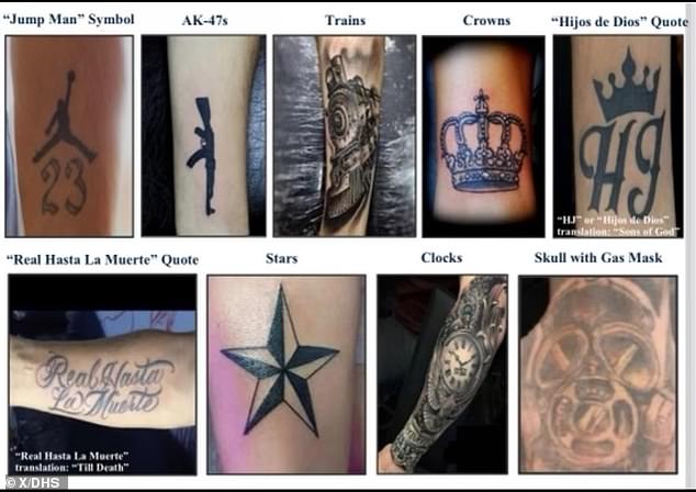 The Tren de Aragua gang tattoos (pictured above) were part of a Department of Homeland Security bulletin that was recently shared with federal agents.