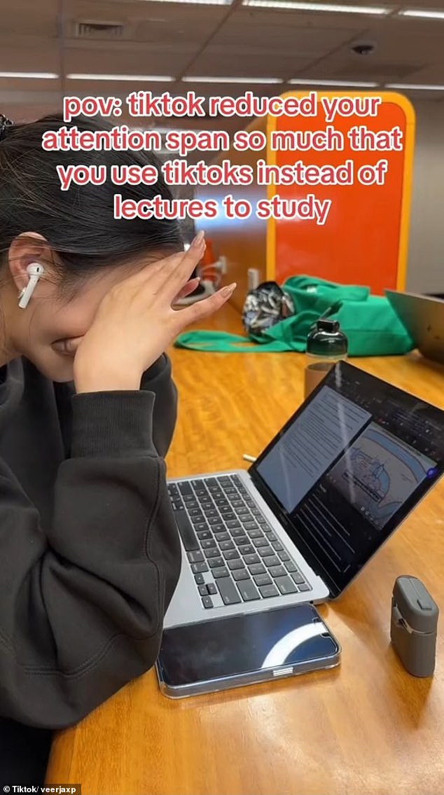 A TikTok video where a woman jokes about students' shortening attention spans