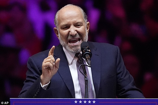 Howard Lutnick speaks at the Manhattan rally on Sunday. He continued by introducing Musk to the stage.