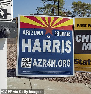 A Republicans for Harris sign on the side of the road