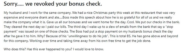 Employee reveals bonus check was taken days after boss offered