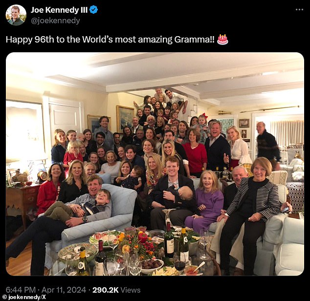 An image of Ethel Kennedy surrounded by her family celebrating her 96th birthday in April shared by her grandson.