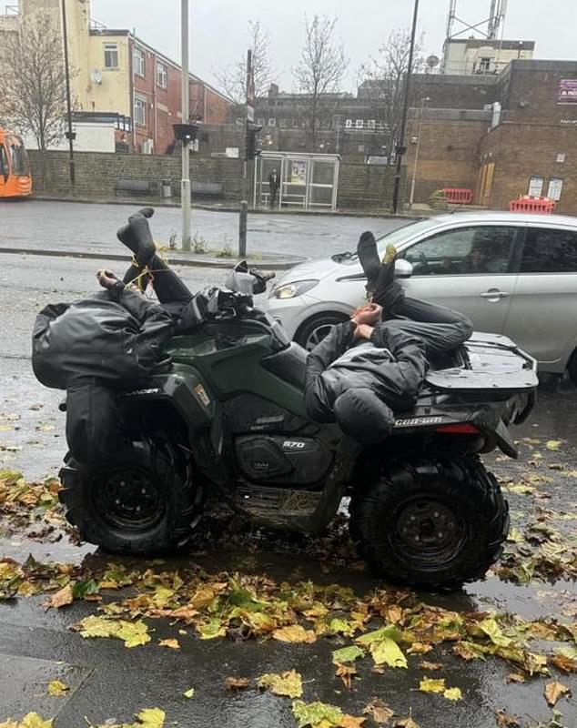 The farmer tied the two 'terrified' males to the bike as one claimed he almost fell off a couple of times.