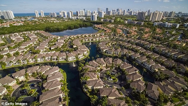 High angle view of Aventura, Golden Beach and Sunny Isle Beach, Florida, on a sunny spring day