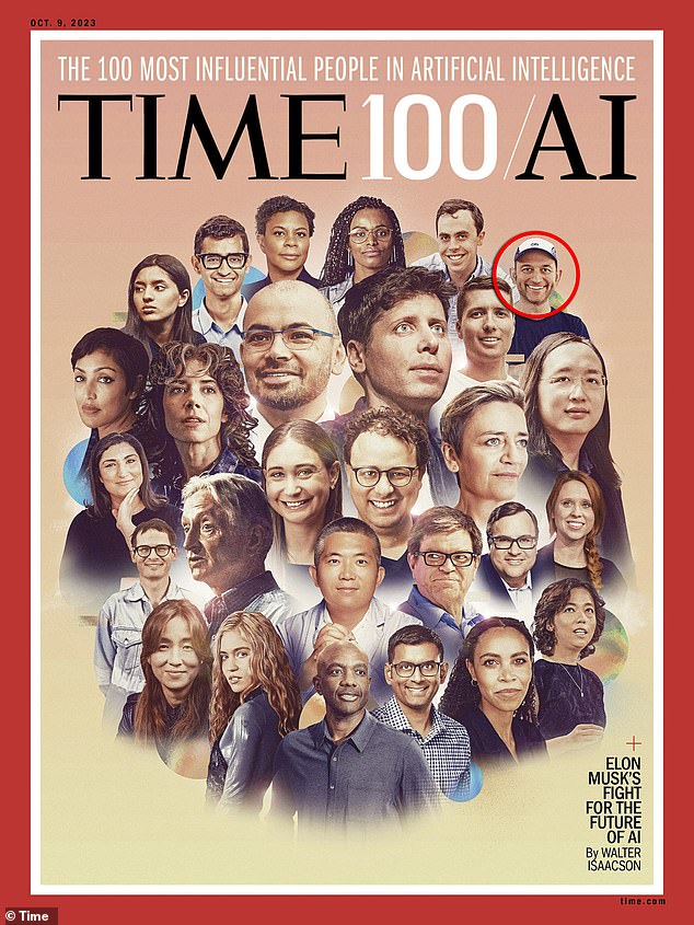 Time magazine cover story last year profiling leaders in artificial intelligence. Noam Shazeer's face is at the top right and is a circle. Also featured on the cover is Sam Altman, who founded OpenAI, the company that created ChatGPT.