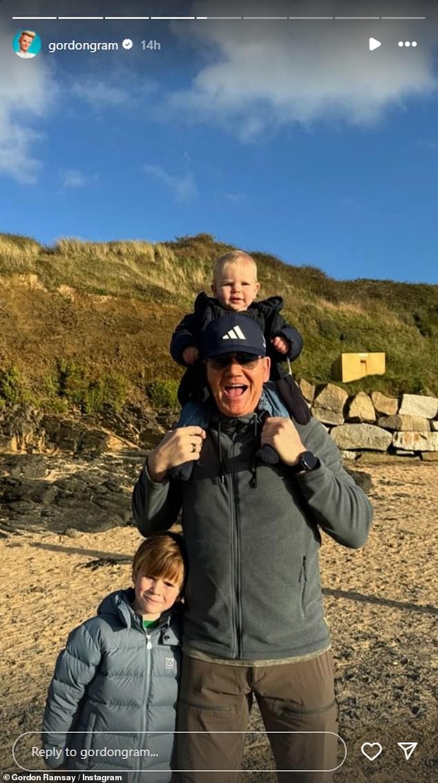 Gordon Ramsay, 57, shared a series of adorable family photos featuring his wife and two youngest children on Sunday while soaking up the autumn sun in Cornwall.