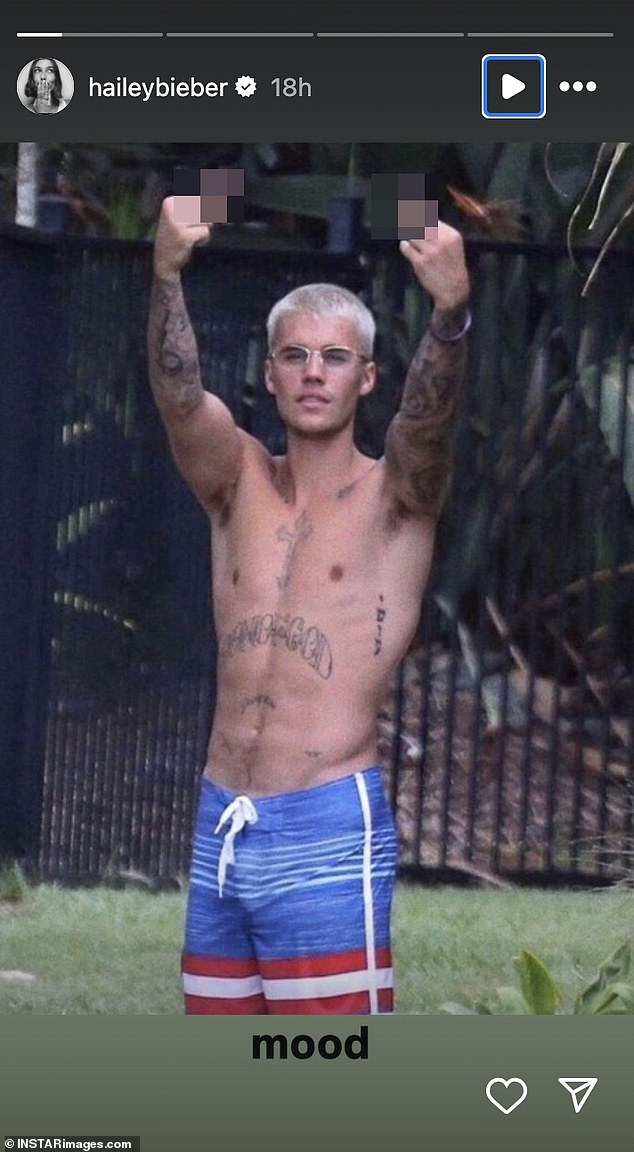 Justin was shirtless and wearing shorts, as Hailey captioned the hilarious photo 