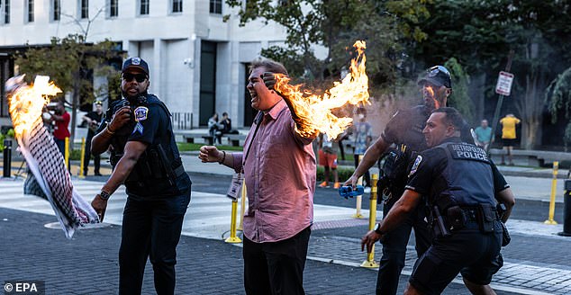 Samuel Mena Jr. tried to set himself on fire on Saturday in Lafayette Park, where a large number of people were gathered.